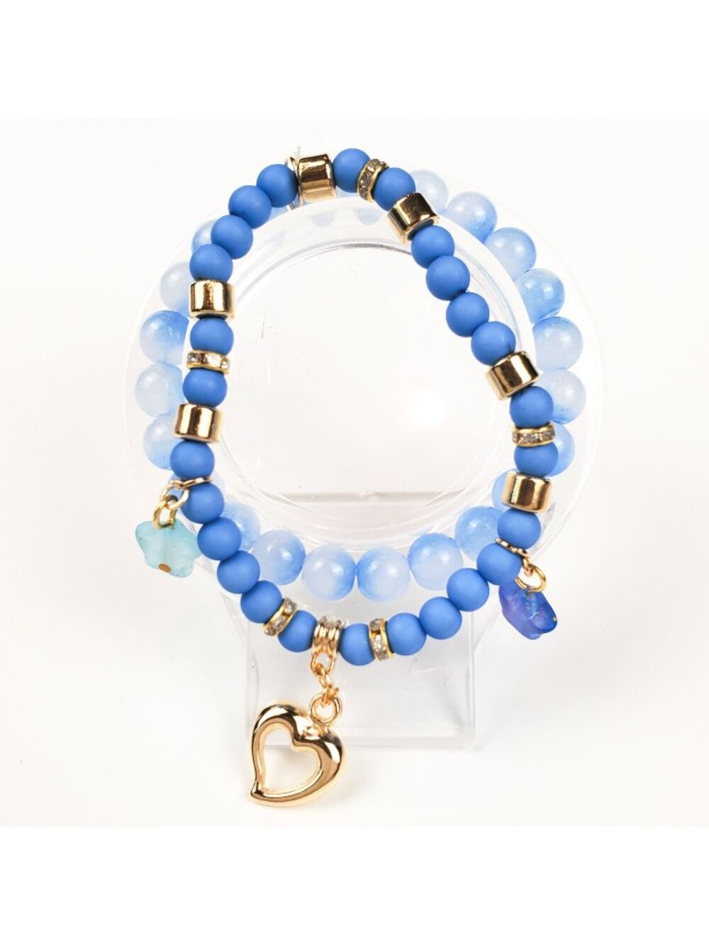 Blue Beaded Stretch Bracelet Stack With Gold Tone Accents And Star Charms